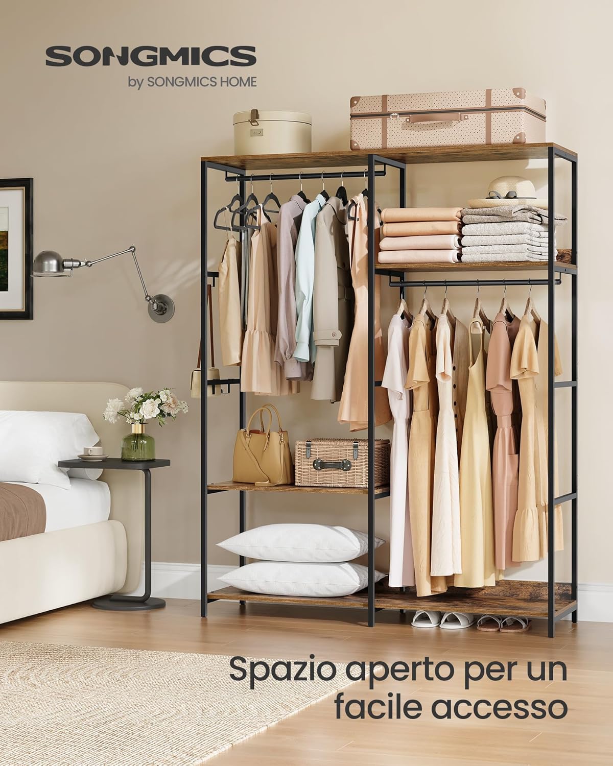 Guardaroba, Stand Appendiabiti, Armadio Aperto con Aste per Appendere, Ripiani Portaoggetti, Ganci Rimovibili, 118 x 40 x 181 cm, Marrone Vintage RGR025B01