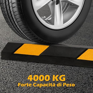 Fermaruote in Gomma per Parcheggi e Garage, Ferma Ruote con Strisce Riflettenti Gialle Capacità di Carico di 4 Ton, Barriera Parcheggio per Auto e Camion 183 x 15 x 10 cm, Nero e Giallo