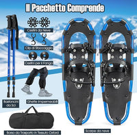 Set 4 in 1 Ciaspole da Neve 53/63/78 cm per Uomini, Donne e Ragazzi con Sistema di Fissaggio, Telaio in Alluminio, Bastoncini da Trekking, Ghette Gambe Impermeabile e Borsa
