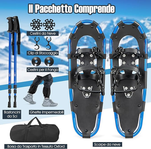 Set 4 in 1 Ciaspole da Neve 53/63/78 cm per Uomini, Donne e Ragazzi con Sistema di Fissaggio, Telaio in Alluminio, Bastoncini da Trekking, Ghette Gambe Impermeabile e Borsa
