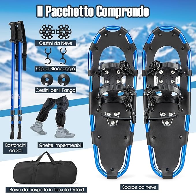 Set 4 in 1 Ciaspole da Neve 53/63/78 cm per Uomini, Donne e Ragazzi con Sistema di Fissaggio, Telaio in Alluminio, Bastoncini da Trekking, Ghette Gambe Impermeabile e Borsa