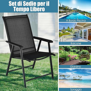 Set di 2 Sedie Pieghevoli, Sedia da Esterno con Struttura in Ferro Resistente, Con Braccioli, Ideale per Campeggio Spiaggia, 68 x 59 x 93cm (Nero)