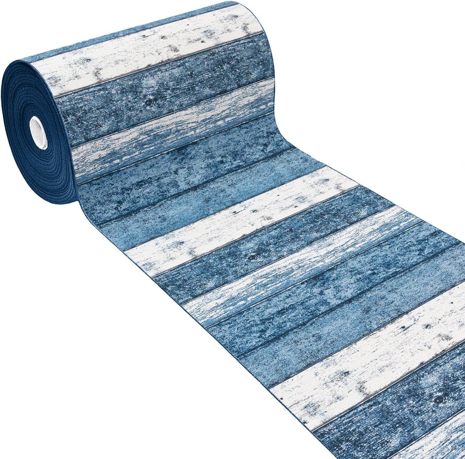 Tappeto Cucina 52x40 cm Bordato Tessitura Piatta Bagno Camera Corridoio Stile Legno Parquet Blu