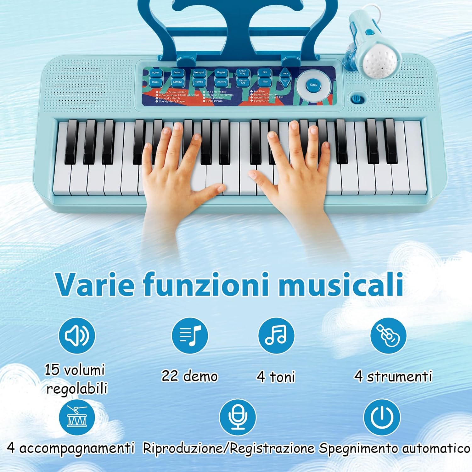 Pianoforte per Bambini a 37 Tasti, Strumento Musicale Elettronico con Microfono Regolabile e Leggio Rimovibile, Sgabello Abbinato, per Bambini di 3+ Anni (Blu)