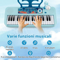 Pianoforte per Bambini a 37 Tasti, Strumento Musicale Elettronico con Microfono Regolabile e Leggio Rimovibile, Sgabello Abbinato, per Bambini di 3+ Anni (Blu)