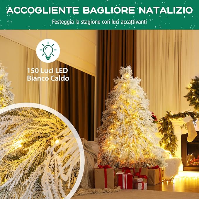 Albero di Natale Innevato 146/180 CM, Albero di Natale ArtificialePre-Luminoso con Cerniera e 150/250 Luci LED Bianche Calde, 279/519 Punte di Ramo, Ago di Pino (146 CM)