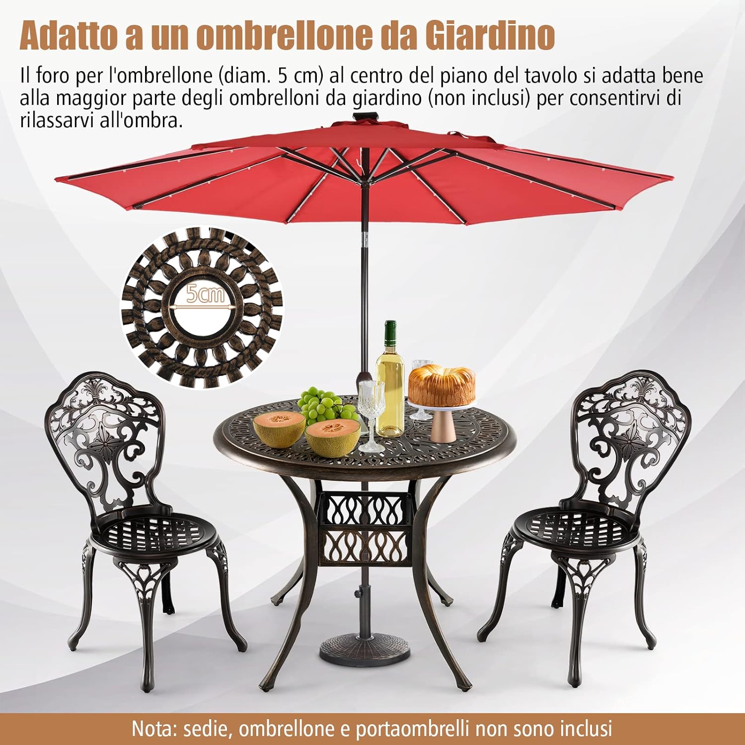 Tavolo da Pranzo Rotondo da 90 cm, Tavolo da Esterno in Alluminio con Foro per Ombrellone da 5 cm Struttura Resistente Piedini Regolabili, Tavolo Rotondo da Giardino Esterno, 90 x 74 cm