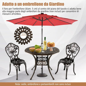 Tavolo da Pranzo Rotondo da 90 cm, Tavolo da Esterno in Alluminio con Foro per Ombrellone da 5 cm Struttura Resistente Piedini Regolabili, Tavolo Rotondo da Giardino Esterno, 90 x 74 cm