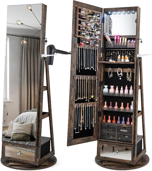 Armadietto Portagioie Girevole a 360°, Specchio Portagioie con Serratura, Supporto per Asciugacapelli, Ripiani, Luci LED e Cassetto (Industriale, 56 x 56 x 164 cm)
