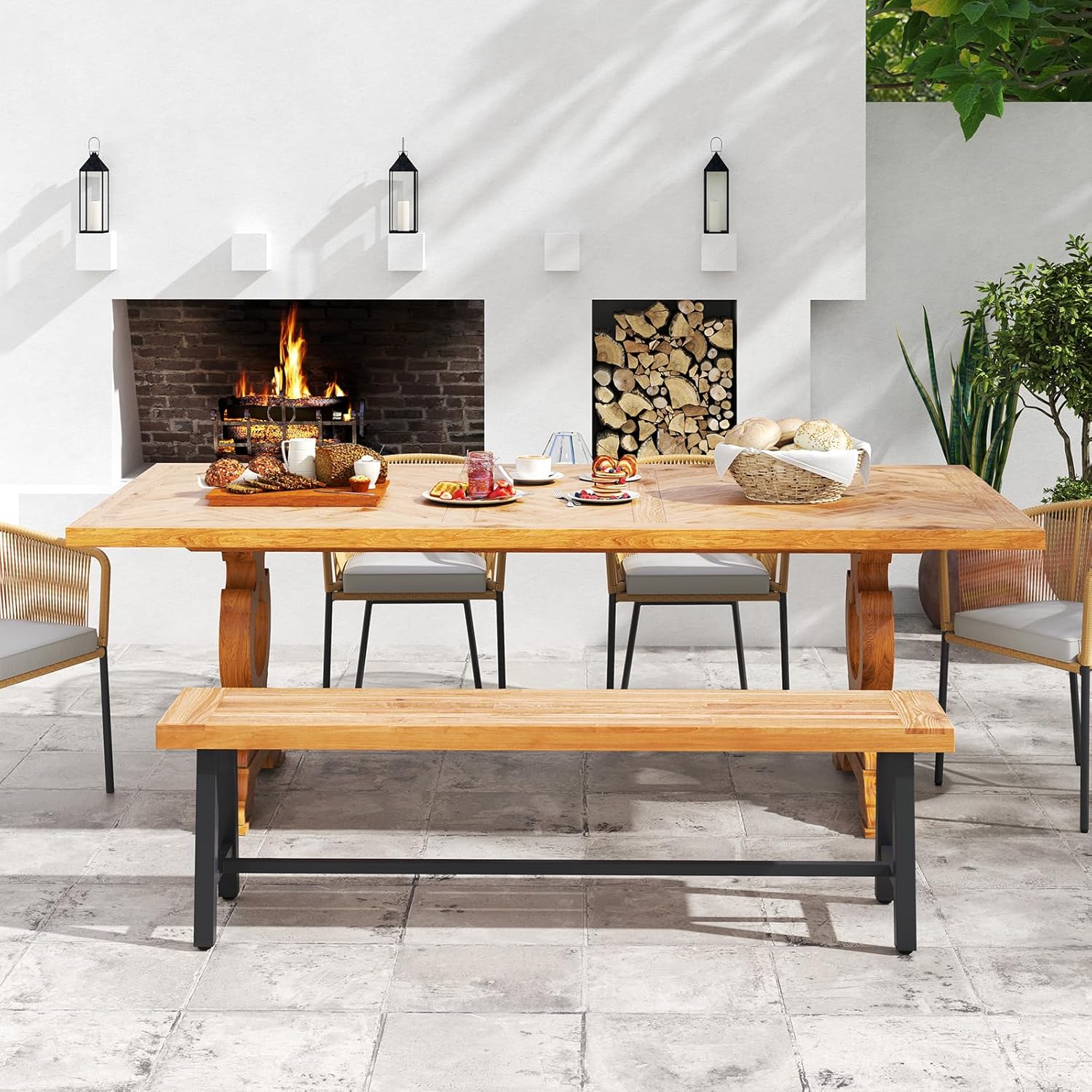 Panchina da Giardino in Legno di Acacia a 3 Posti, Panca da Esterno Senza Schienale con Gambe in Metallo, Panca Capacit¨¤ di 360 kg per Ingresso, Cortile e Balcone, 160 x 32 x 45 cm