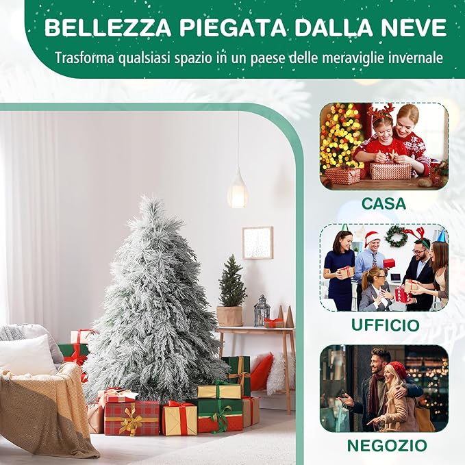Albero di Natale Innevato 146/180 CM, Albero di Natale ArtificialePre-Luminoso con Cerniera e 150/250 Luci LED Bianche Calde, 279/519 Punte di Ramo, Ago di Pino (146 CM)