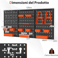 Pannello Forato da Muro, Organizzatore con 9 Contenitori, Supporti per Martelli, Portautensili e Ganci, Ideale per Garage e Officina (Arancia)