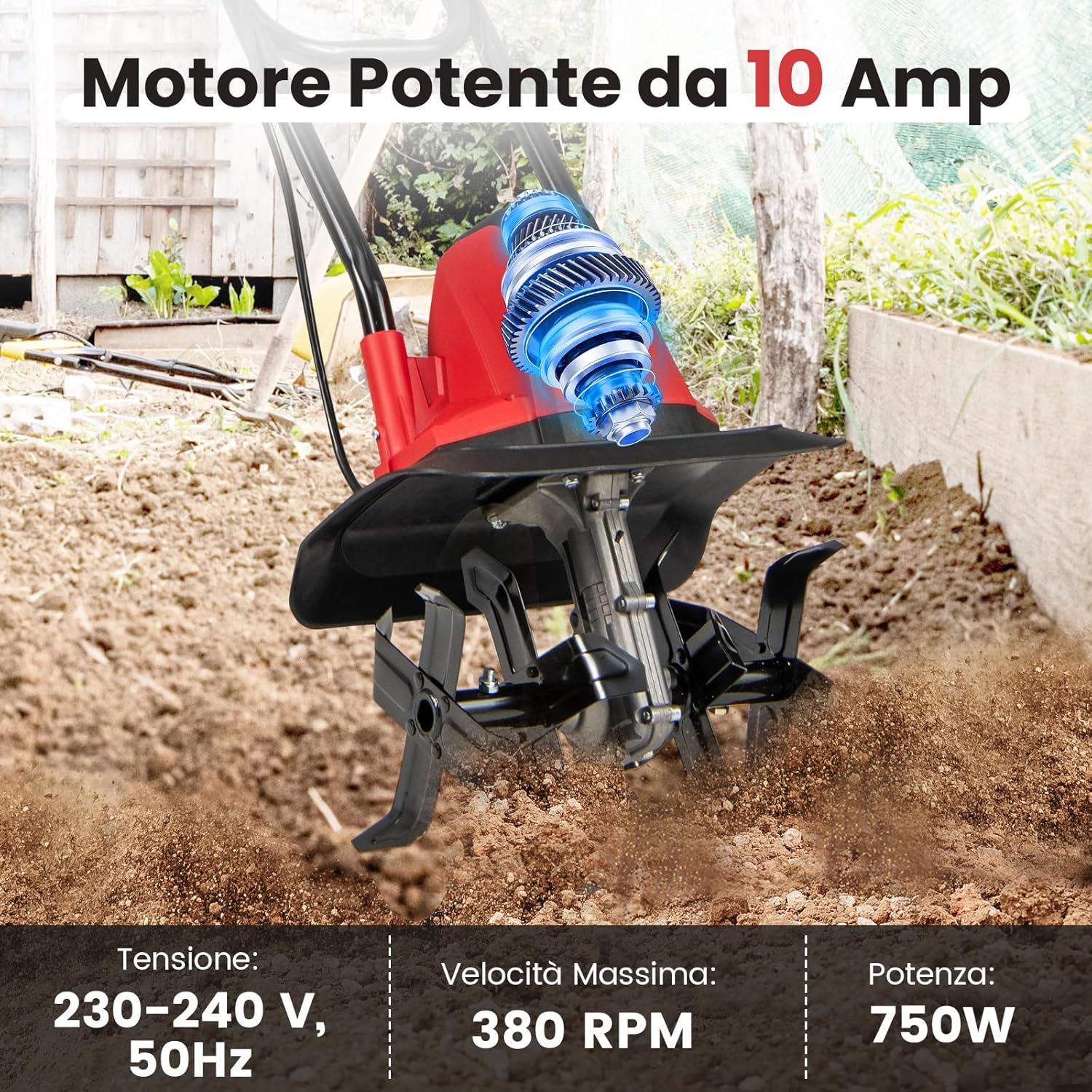 Motozappa Elettrica a Filo, Zappatrice da Giardino con Manico Ergonomico e Motore Forte, Motocoltivatore Pieghevole per Scavare Terreno del Prato (32,5 x 24 x 138 cm,Rosso)