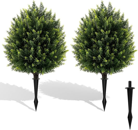 Set di Alberi Sferici Artificiali di Cipresso 61 cm, 2 Pezzi di Arbusti Finti di Cedro con Picchetto per Terreno, Piante Ornamentali Finte Resistenti al Sole per Decorazione Interna & Esterna