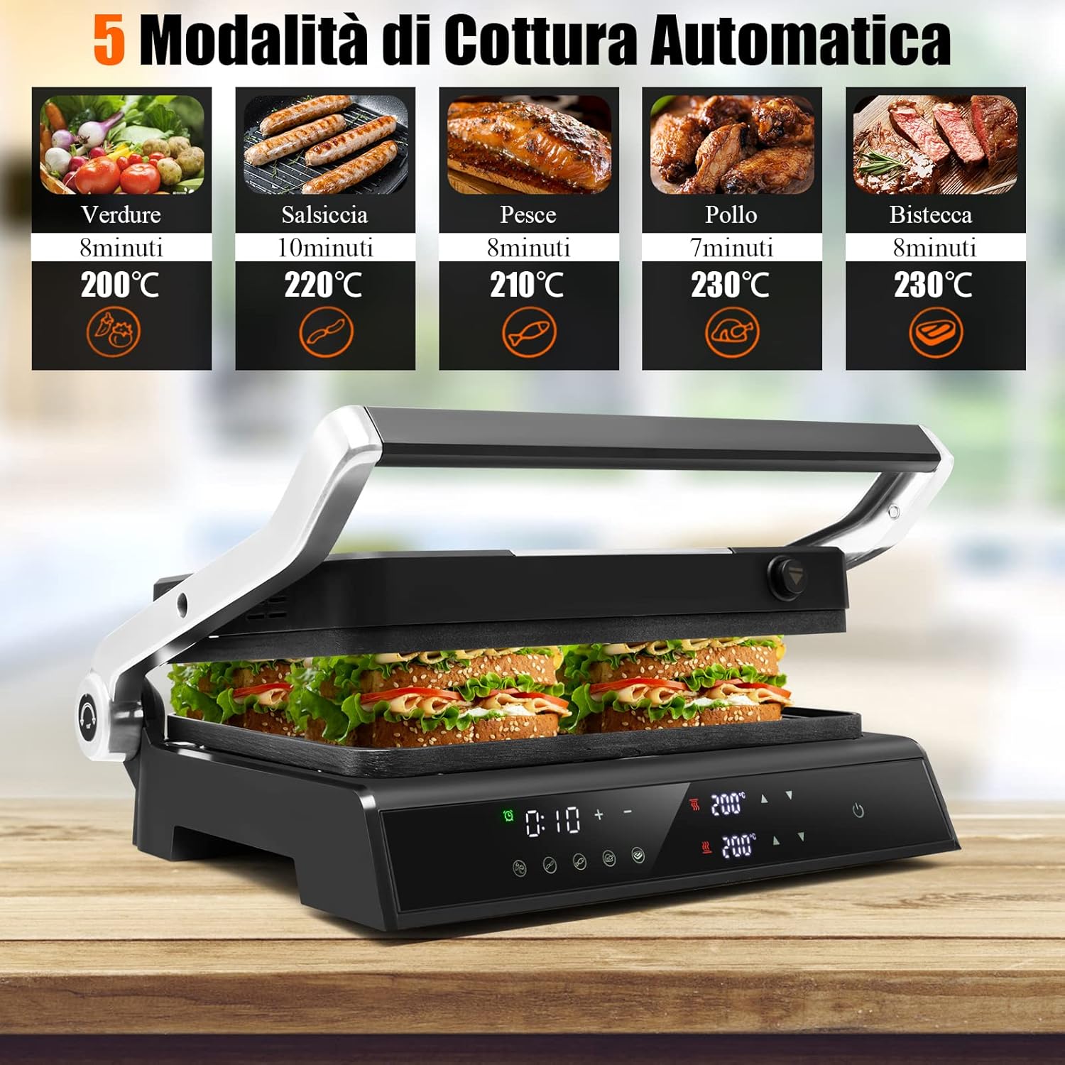 3 in 1 Piastre per Panini 2000 W, Bistecchiera Elettrica con 5 Modalità Automatiche, Cottura Bifacciali, Timer 0-4H e Display a LED, Materiale Antiaderente, Ideale per Panini e Barbecue
