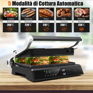 3 in 1 Piastre per Panini 2000 W, Bistecchiera Elettrica con 5 Modalità Automatiche, Cottura Bifacciali, Timer 0-4H e Display a LED, Materiale Antiaderente, Ideale per Panini e Barbecue