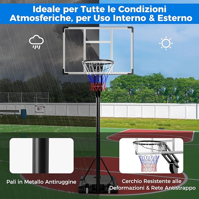 Canestro da Basket da Esterno per Adulti Professionale, Canestro da Basket Portatile e Regolabile 149-305 cm con Tabella Indistruttibile, 2 Ruote, Base Riempibile e Sacchetto di Pesi