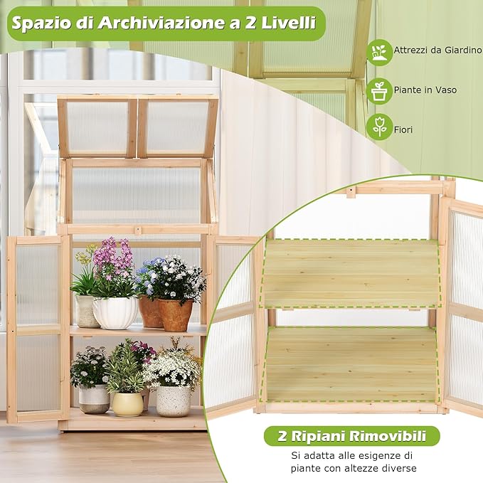 Serra da Balcone, Serra in Legno con Ripiano Fiori Rialzato, Tetto Trasparente Apribile, Porta Bloccabile e Ripiani Rimovibili, per Giardino e Cortile, 69 x 58 x 121 cm