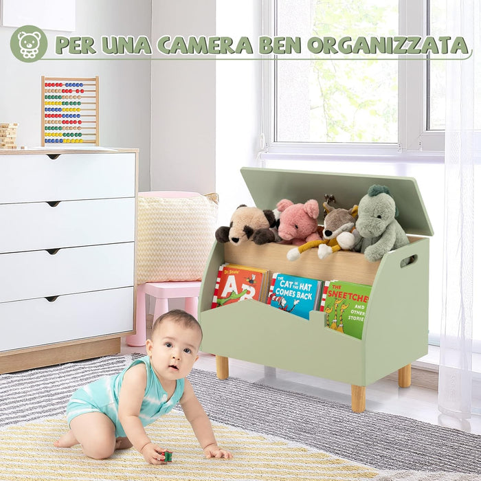 Scaffale dei Giocattoli per Bambini in Legno, Libreria per Bambini con Ripiano Espositivo e Contenitore con Coperchio Apribile, Ideale per Cameretta e Nido, 60 x 30 x 44 cm (Verde)