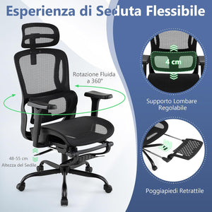 Sedia Ergonomica da Ufficio, Sedia Girevole con Poggiatesta, Supporto Lombare, Braccioli 3D, Poggiapiedi Estraibile & Schienale Reclinabile, Poltrona Girevole con Poggiapiedi