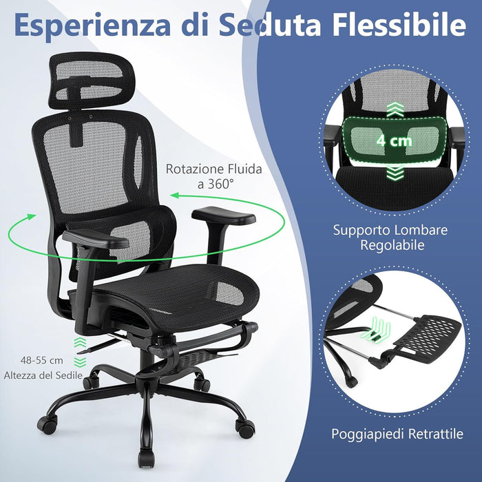 Sedia Ergonomica da Ufficio, Sedia Girevole con Poggiatesta, Supporto Lombare, Braccioli 3D, Poggiapiedi Estraibile & Schienale Reclinabile, Poltrona Girevole con Poggiapiedi