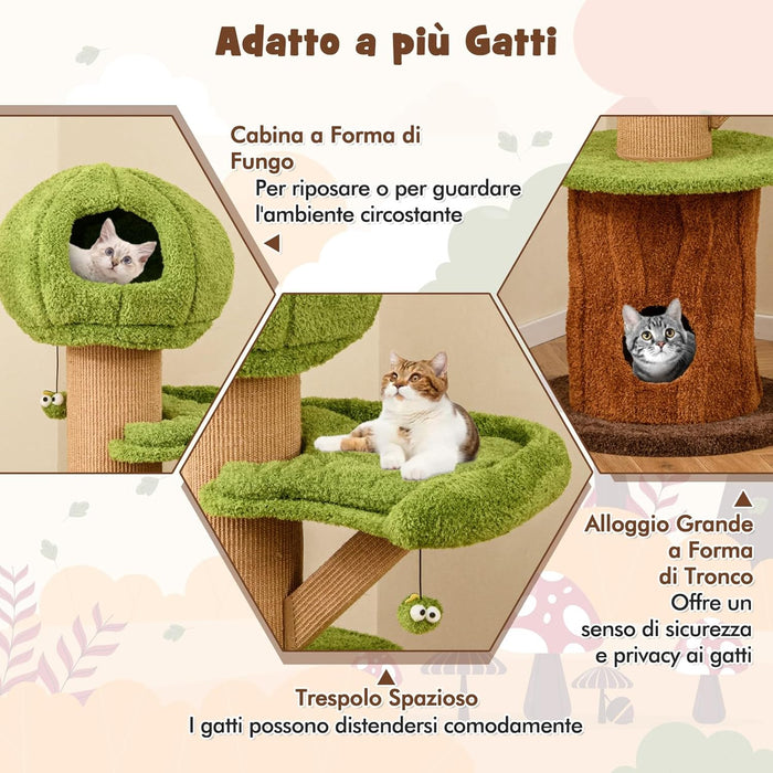 Tiragraffi a Forma di Albero per Gatti 175cm, Albero per Animali Domestici con 2 Casette, Trespolo Peluche, Palline Teaser, Pali in Sisal e Cuscini Rimovibili, Torre Moderno Interno