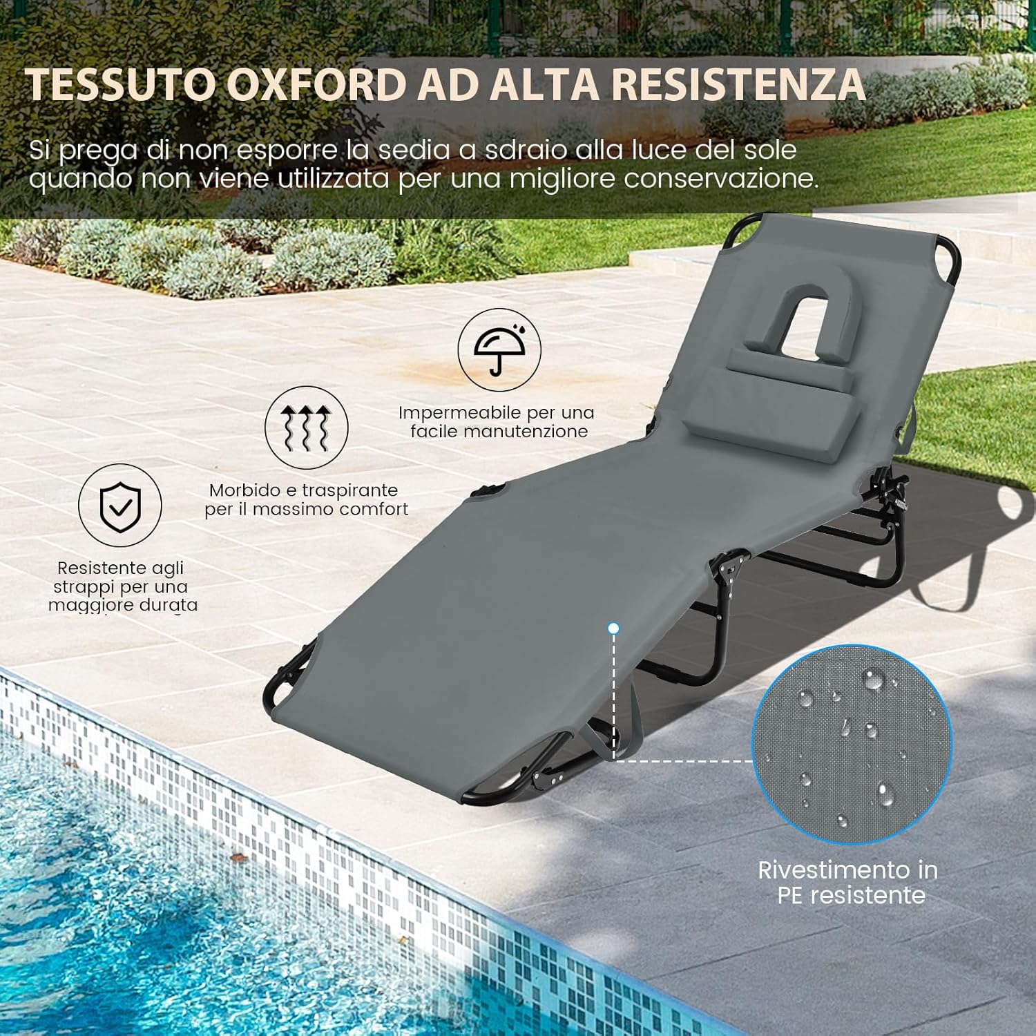 Lettino Prendisole con Foro per Viso, Sdraio da Spiaggia Pieghevole con Cuscini, Schienale Regolabile in 5 Posizioni, Lettino Portatile Portata 160 kg, 63 x 194 x 37 cm (Grigio)