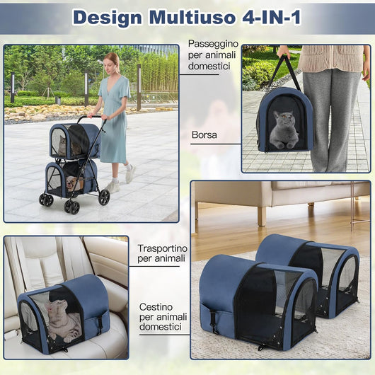 Passeggino per Cani Pieghevole, Carrozzina per Cani Multifunzionale 4 in 1 a Doppio Livello, Passeggino Smontabile con Ruote, Ideale per Passeggiata Viaggio e Shopping (Blu)