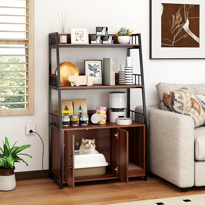 Mobile Lettiera per Gatti 80 x 40 x 132 cm, Credenza Soggiorno con Ripiani di Stoccaggio, Tiragraffi per Gatti, 2 Prese AC e Cuccia, Armadio Salvaspazio per Cuccia e Ingresso (Noce)