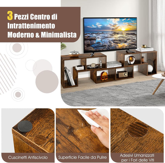 Mobile Porta TV con Ripiani Aperti, per TV Fino a 65 Pollici, Mobile TV di Legno per Salone, Camera da letto, Corridoio, Facile da Montare, 134-170 x 30 x 43 cm (Marrone)