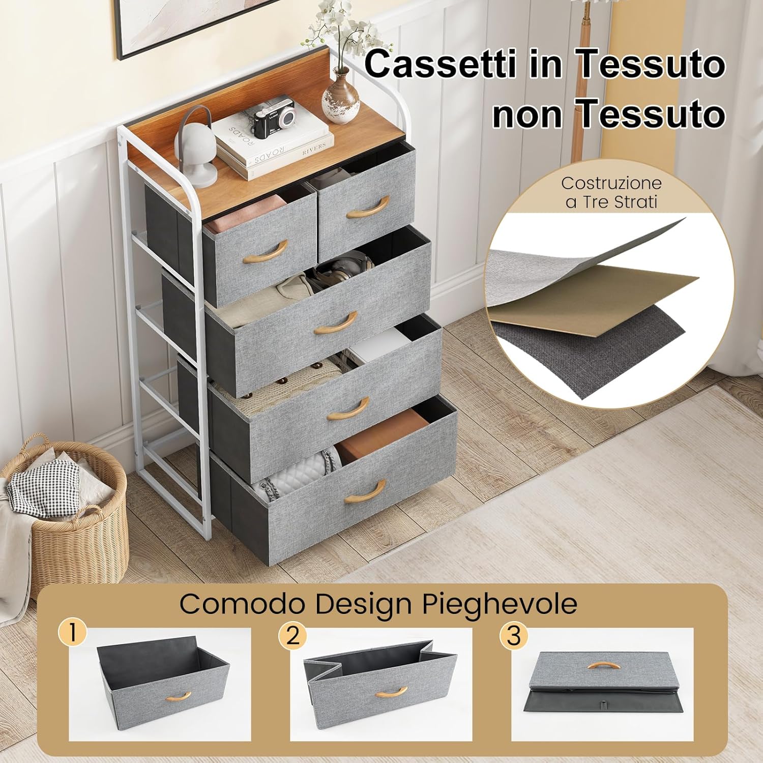 Cassettiera con 4/5 Cassetti, Organizer Verticale con Cassetti Pieghevoli in Tessuto, Cassettiera Armadietto, Comò con Struttura in Acciaio e Superficie in Legno (5 cassetti grigio)