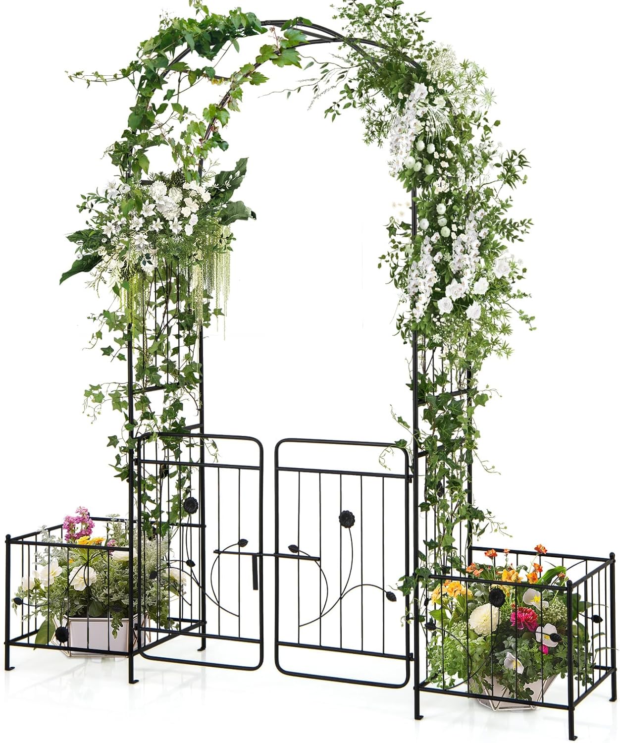 Arco da Giardino, Pergolato in Metallo con Cancello Bloccabile e Fioriere Laterali, Arco per Piante Rampicanti e Viti da Uva, Decorazione per Cerimonia Matrimoniali