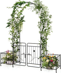 Arco da Giardino, Pergolato in Metallo con Cancello Bloccabile e Fioriere Laterali, Arco per Piante Rampicanti e Viti da Uva, Decorazione per Cerimonia Matrimoniali