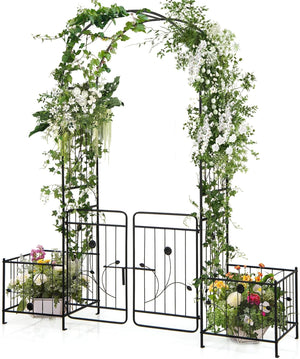 Arco da Giardino, Pergolato in Metallo con Cancello Bloccabile e Fioriere Laterali, Arco per Piante Rampicanti e Viti da Uva, Decorazione per Cerimonia Matrimoniali