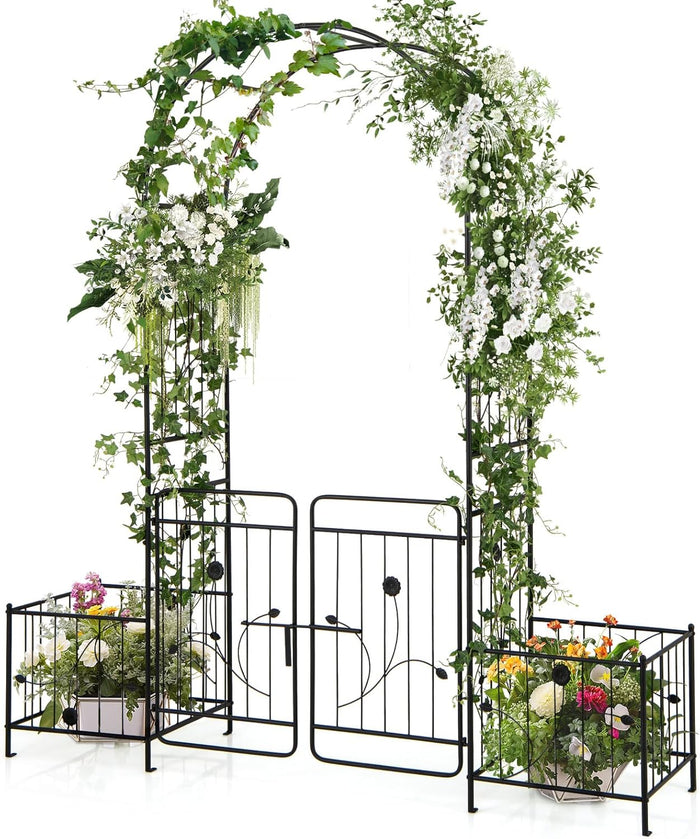 Arco da Giardino, Pergolato in Metallo con Cancello Bloccabile e Fioriere Laterali, Arco per Piante Rampicanti e Viti da Uva, Decorazione per Cerimonia Matrimoniali