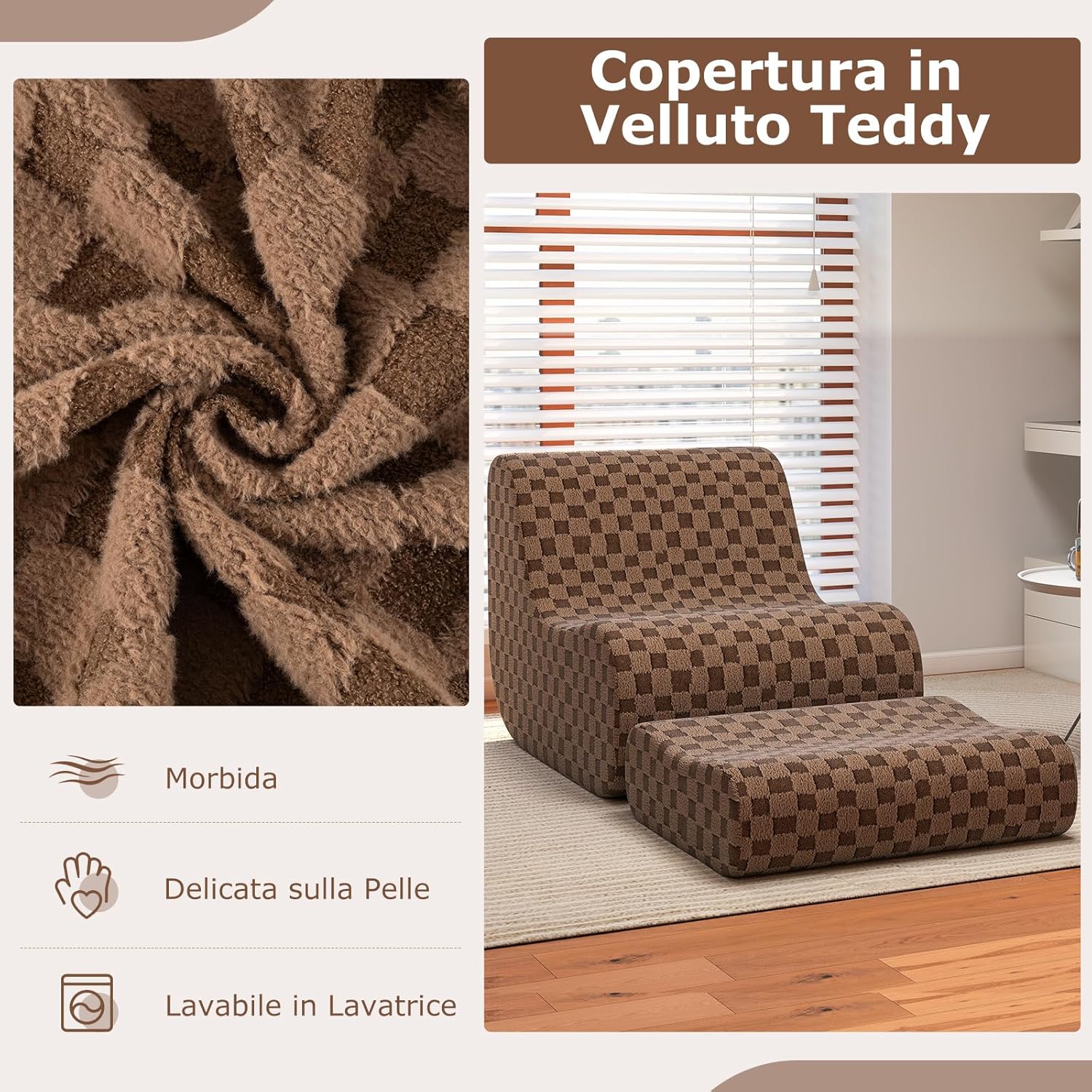 Sedia a Sacco con Pouf, Divano in Spugna ad Alta Elasticità, Fondo Antiscivolo e Copertura in Velluto Lavabile, Comoda Poltrona Pigra per Soggiorno Camera da Letto Sala Lettura (Marrone)