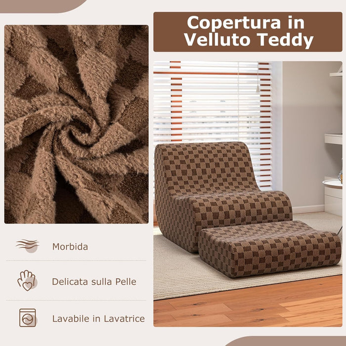 Sedia a Sacco con Pouf, Divano in Spugna ad Alta Elasticità, Fondo Antiscivolo e Copertura in Velluto Lavabile, Comoda Poltrona Pigra per Soggiorno Camera da Letto Sala Lettura (Marrone)