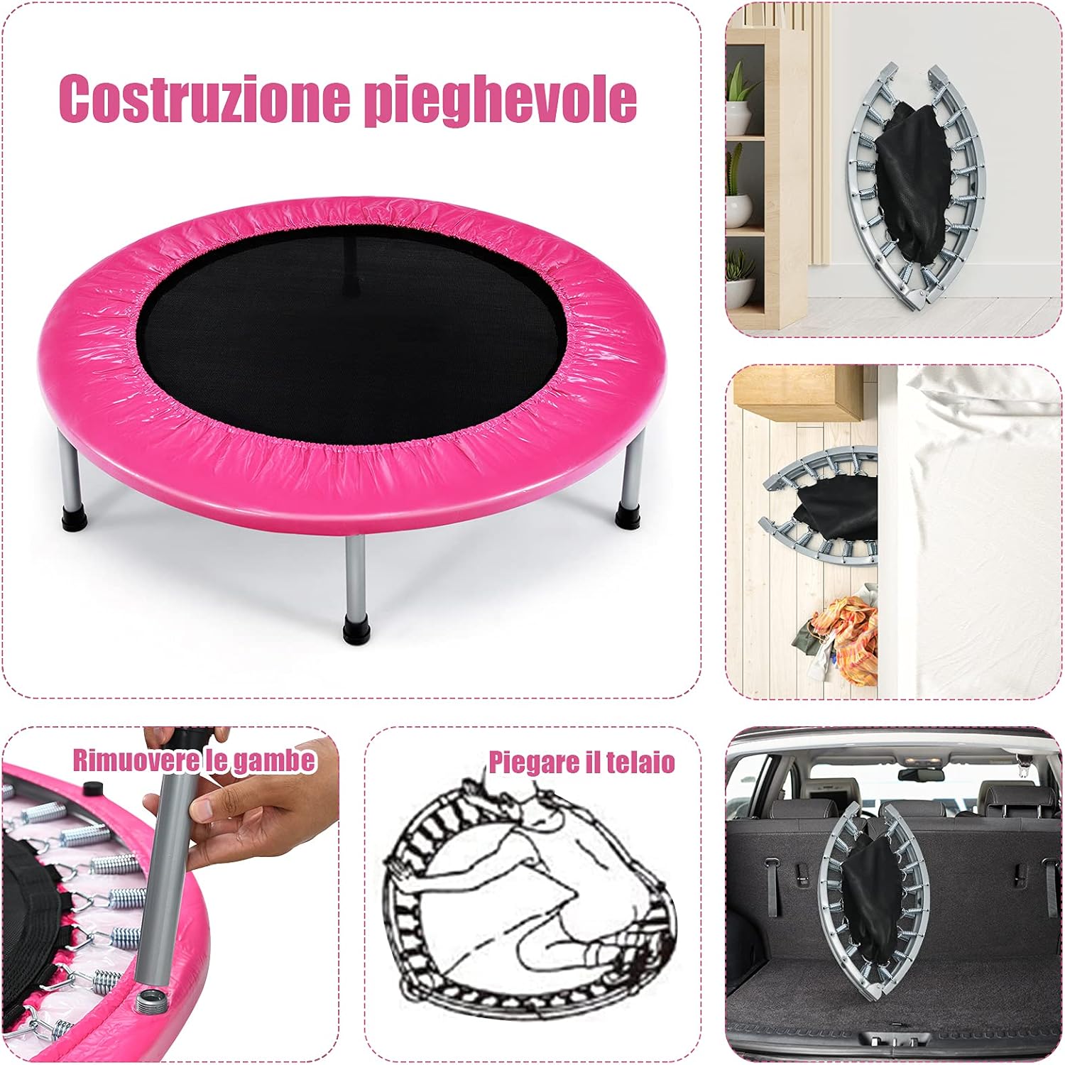 Mini Trampolino Elastico e Pieghevole, Capacità di Carico 150 kg, per Interno ed Esterno