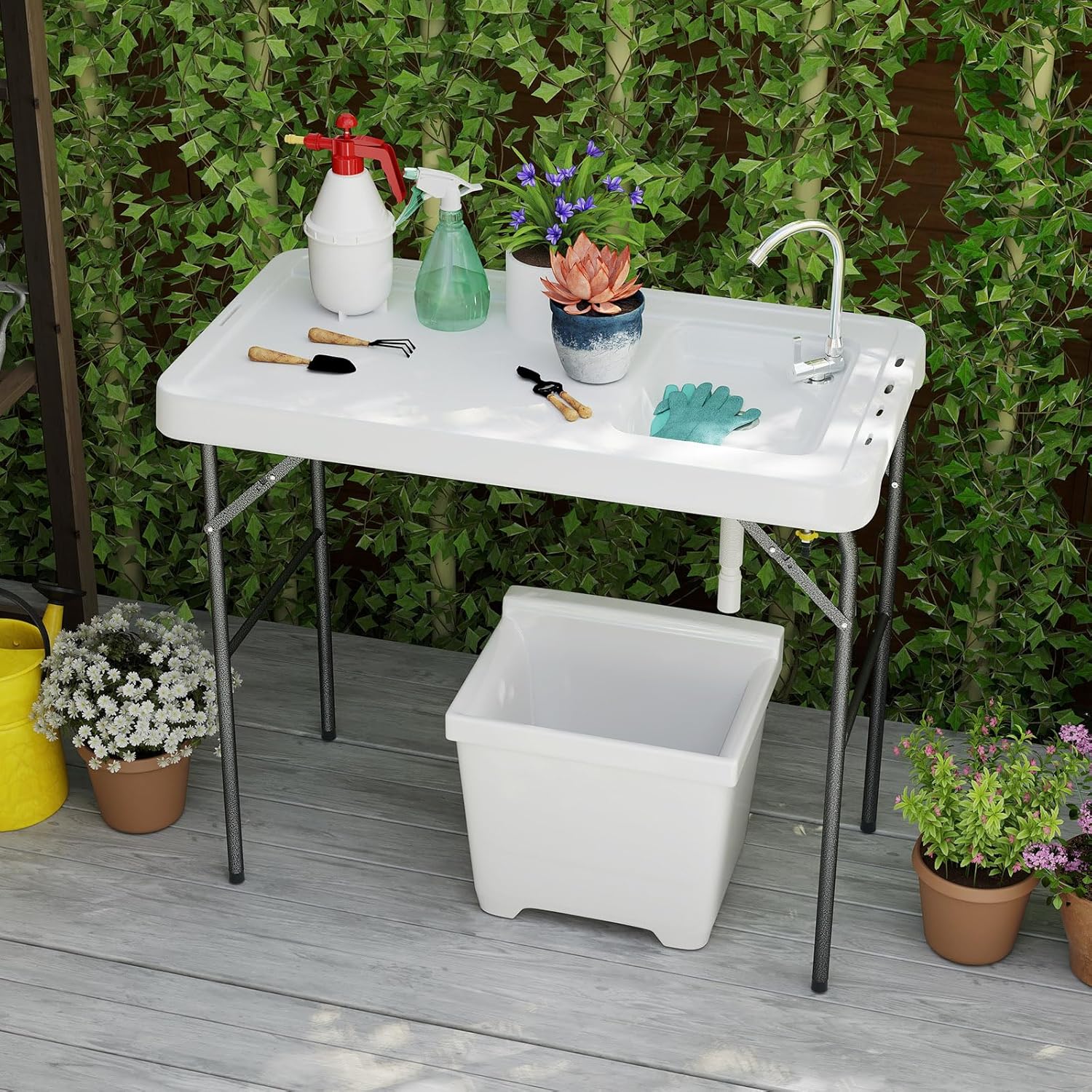 Tavolo da Campeggio Portatile, Tavolo Pieghevole con Lavello, Rubinetto Girevole a 360° e Tubo di Scarico, Portata 150 kg, 108 x 58 x 93 cm