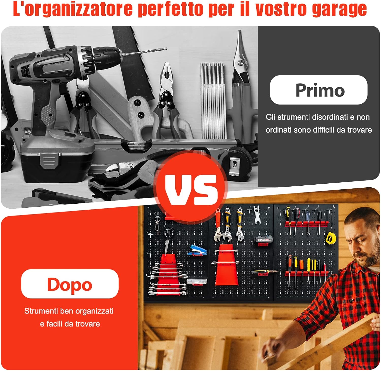 Pannello Forato Portautensili Parete per Attrezzi, Kit per Conservazione degli Attrezzi con 3 Pannelli Forati 25 Accessori, Ideale per Officina e Garage,120 x 60 x 2,5 cm