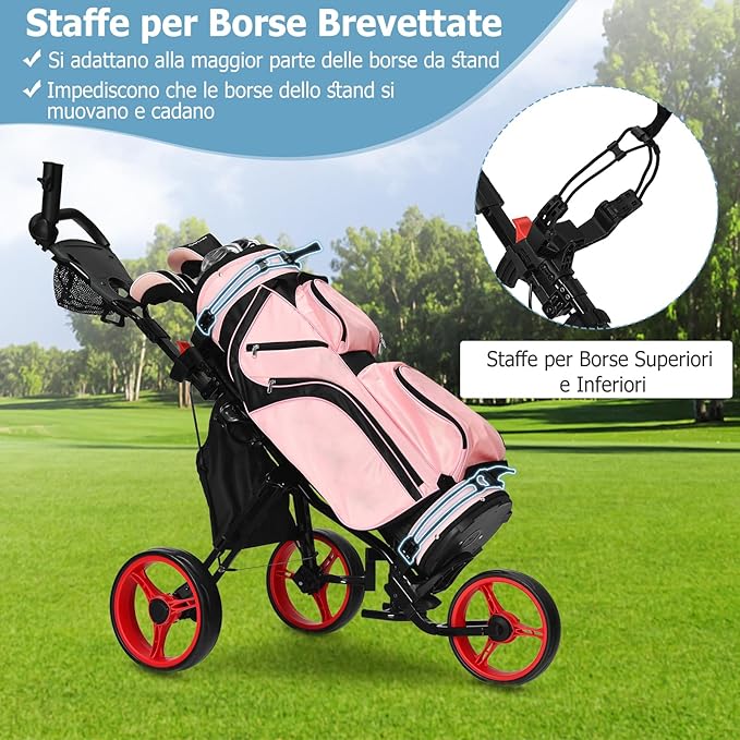Carrello da Golf Pieghevole con 3 Ruote, Trolley da Golf Altezza Regolabile di Alluminio con Sedile, Porta Ombrello e Porta Bevande(Rosso)