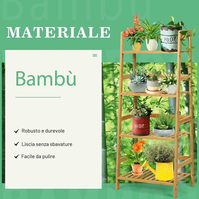 Scaffale per Piante in Bambù a 4 Ripiani, Scaffale Porta Vasi da Interno ed Esterno, Scaffale Portafiori per Balcone, Giardino e Cortile, 48 x 32 x 115 cm (Naturale)