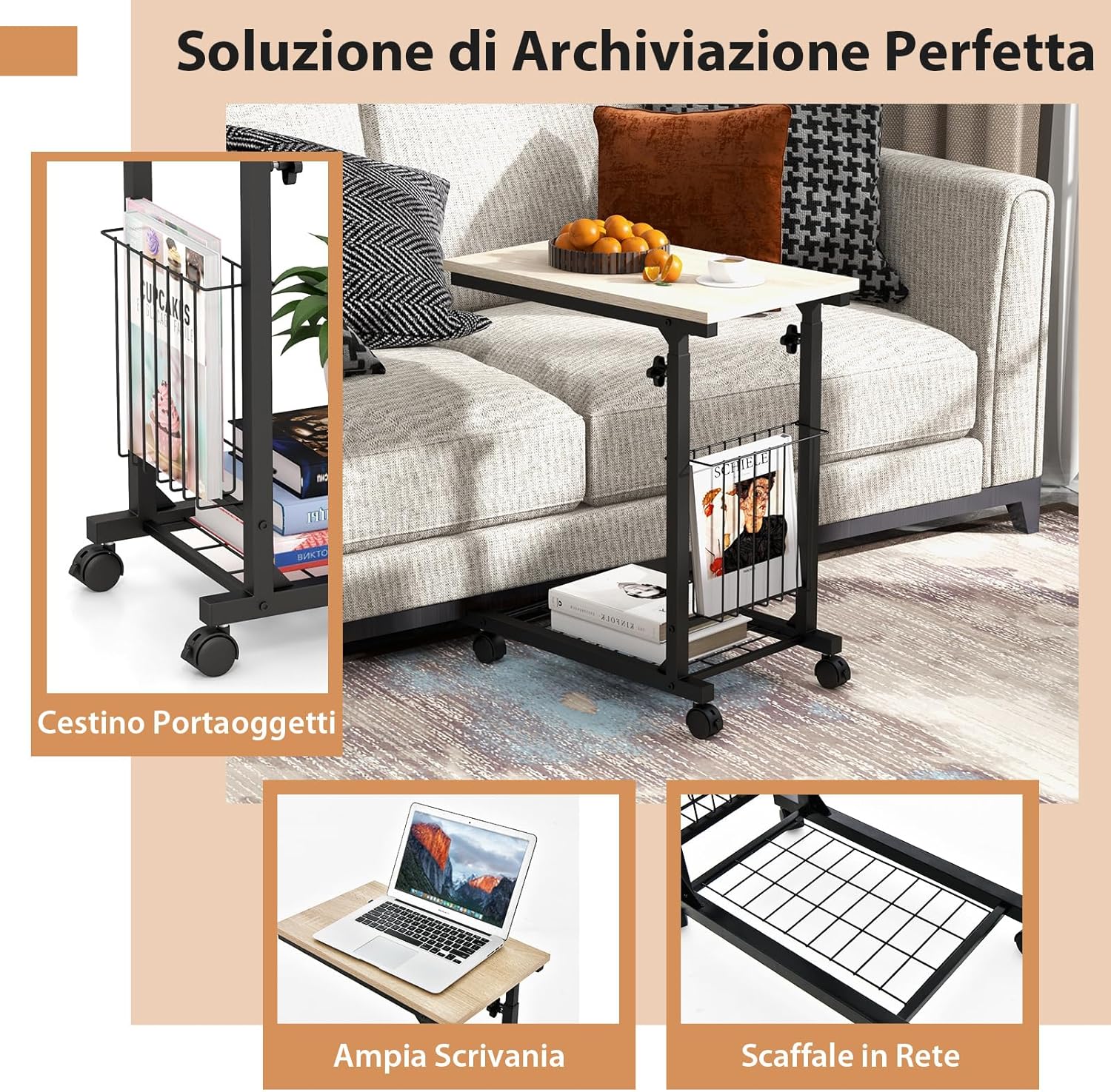 Tavolino da Salotto Moderno, Tavolino Basso Regolabile in Altezza con Ruote e Cestino Portaoggetti, Tavolino Porta PC a Forma di C da Divano e Letto per Soggiorno e Camera da Letto (Naturale)