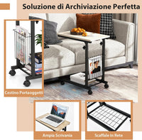 Tavolino da Salotto Moderno, Tavolino Basso Regolabile in Altezza con Ruote e Cestino Portaoggetti, Tavolino Porta PC a Forma di C da Divano e Letto per Soggiorno e Camera da Letto (Naturale)