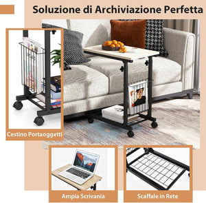 Tavolino da Salotto Moderno, Tavolino Basso Regolabile in Altezza con Ruote e Cestino Portaoggetti, Tavolino Porta PC a Forma di C da Divano e Letto per Soggiorno e Camera da Letto (Naturale)