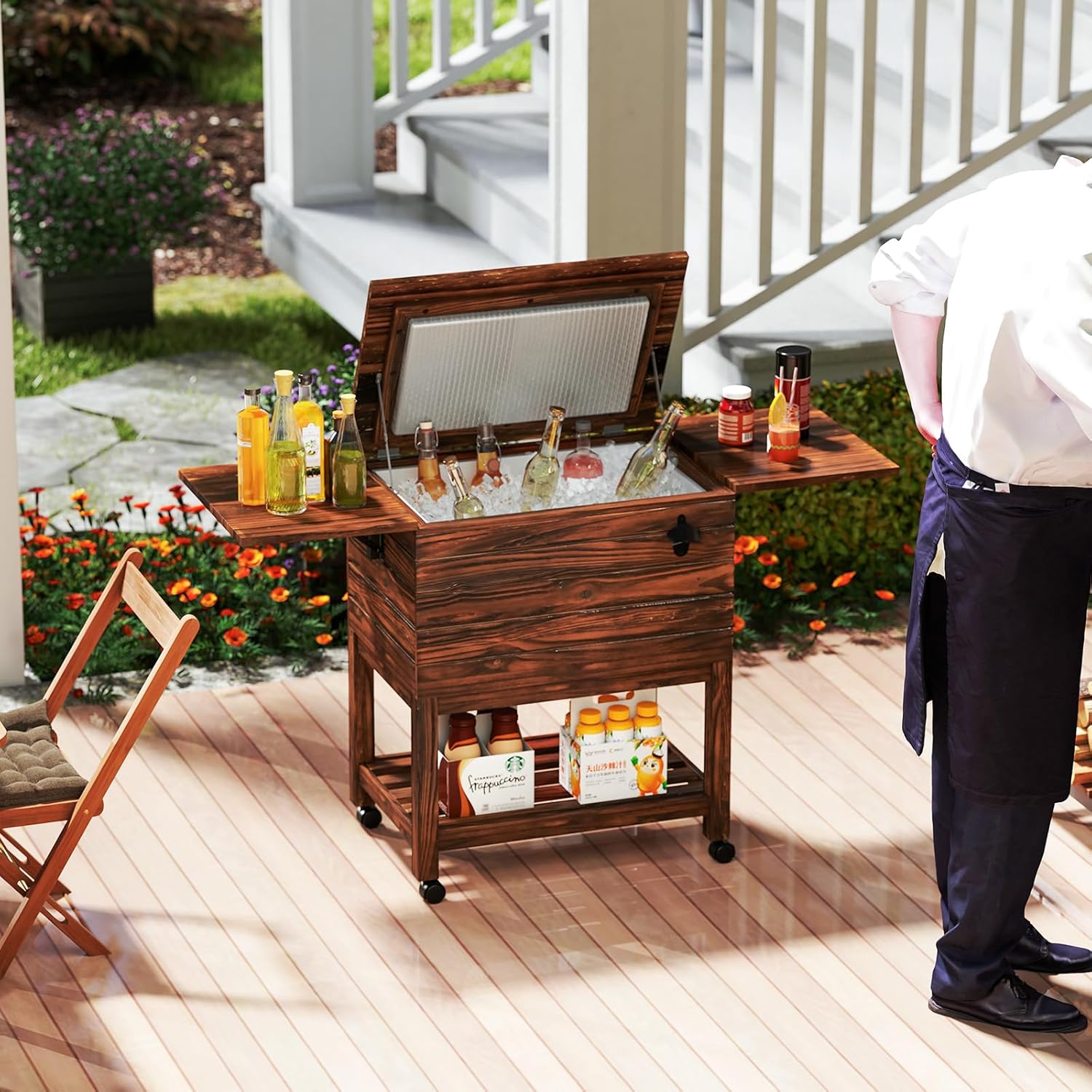 Carrello Porta Ghiaccio in Legno, Carrello Refrigerante per Bevande da 51 L con Ripiani, Ruote Universali Bloccabili e Apribottiglie, Frigorifero Portavivande per Feste, Piscina e Terrazza