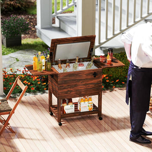 Carrello Porta Ghiaccio in Legno, Carrello Refrigerante per Bevande da 51 L con Ripiani, Ruote Universali Bloccabili e Apribottiglie, Frigorifero Portavivande per Feste, Piscina e Terrazza