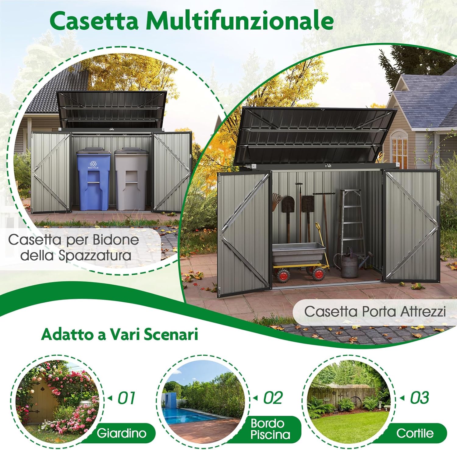 Casetta per Spazzatura Esterna, Capanni da Giardino Bloccabile con Doppie Aperture, 2 Porte e Struttura in Metallo Zincato, Organizzatore di Stoccaggio per Patio e Cortile