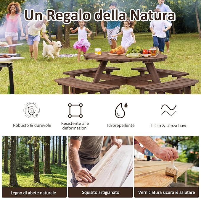 Set Tavolo da Giardino con 4 Panche Integrate, Legno Massiccio, con Foro Ombrellone, per 4-8 Persone, Tavolo Rotondo da Picnic per Esterno, Ogni Panca Porta 225 kg, 178 x 178 x 70 cm