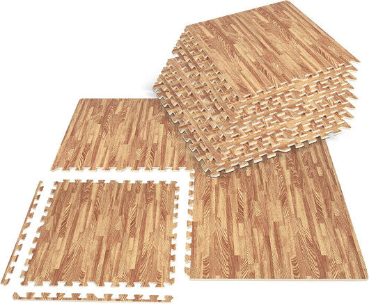 12 Pezzi Tappeto Puzzle Effetto Legno, Tappetini a Incastro in Schiuma EVA con Bordi Perimetrali, Tappeto Protettivo Spesso per Palestra Casa Stanza Giochi, 61x61 cm, 4,5 M²